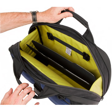 The customisable main compartment can accommodate a padded computer case or (as my preference) the laptop can be stashed behind a hard fibre divider. There is sufficient room for a Billingham Hadley Small or Hadley Pro insert to keep camera gear secure